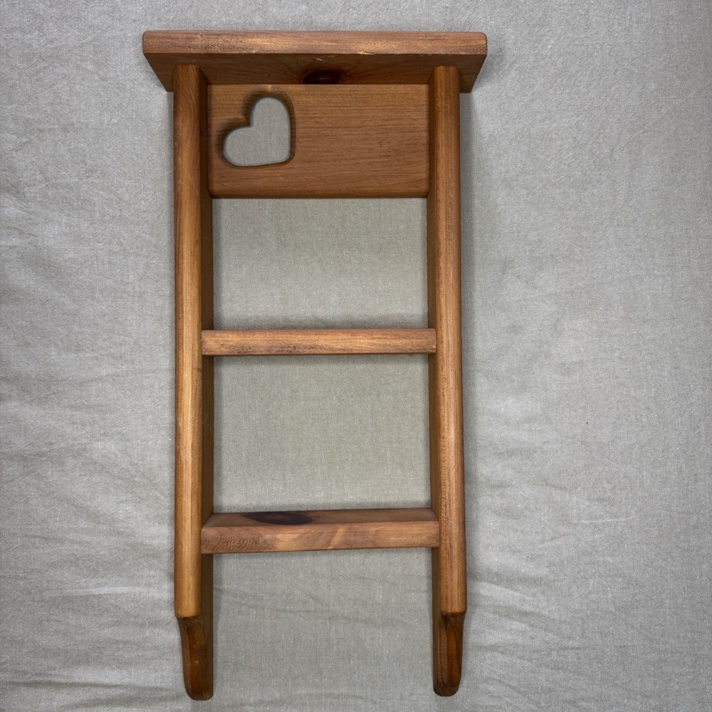 Vintage Rustic Wooden Wall Ladder Shelf Heart Cutout Farmhouse Decor CottageCore